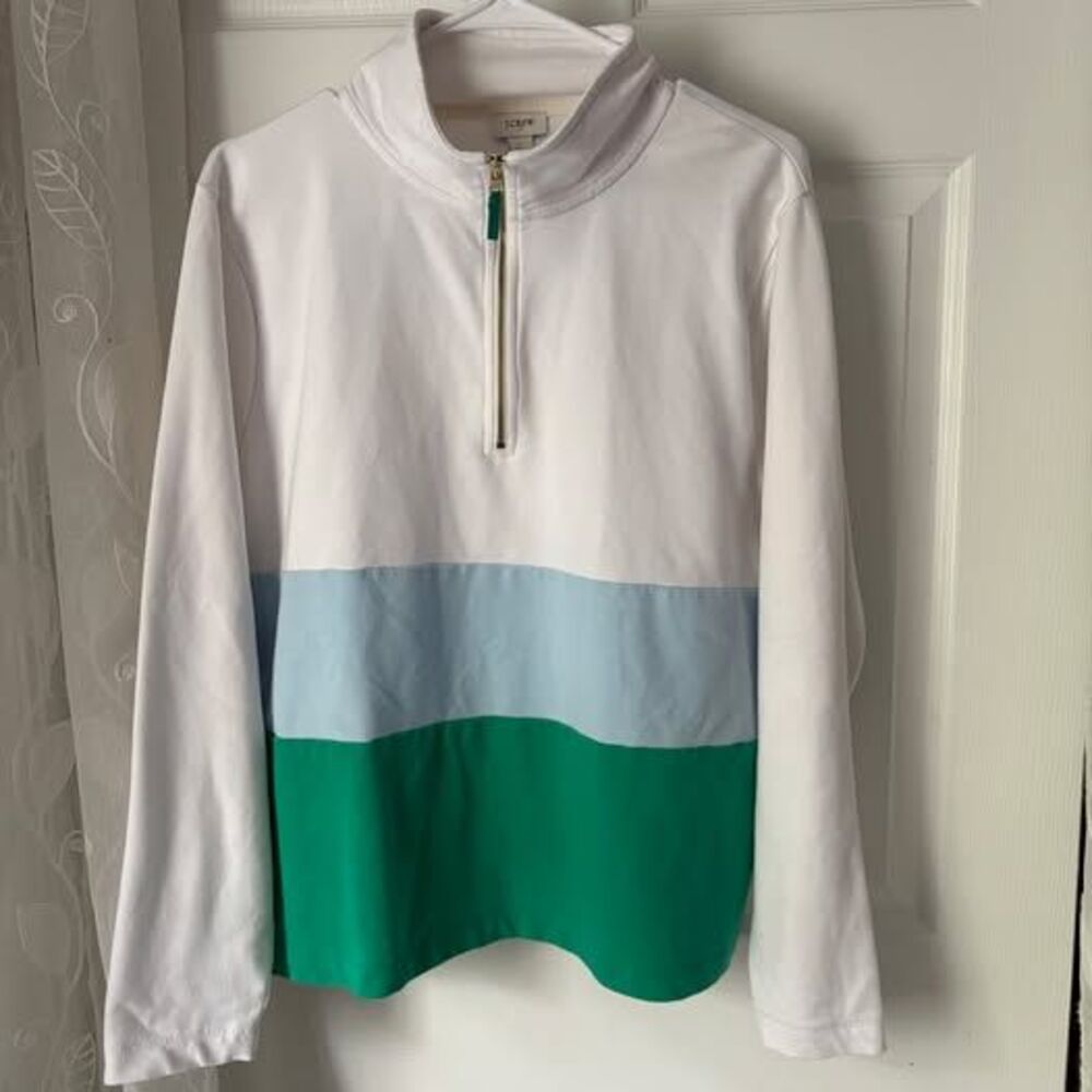 J.Crew Colorblock Half-Zip Pullover Sweatshirt, White Blue Green, Women's Size L